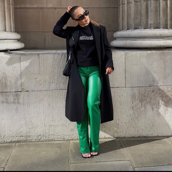 ZARA COLOURED FAUX LEATHER TROUSERS GREEN SIZE-XL - Picture 5 of 16